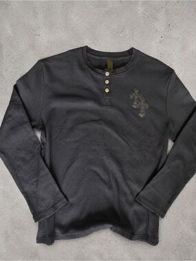 Men's Black chrome hearts Long-Sleeve Henley Shirt with Chest Patch